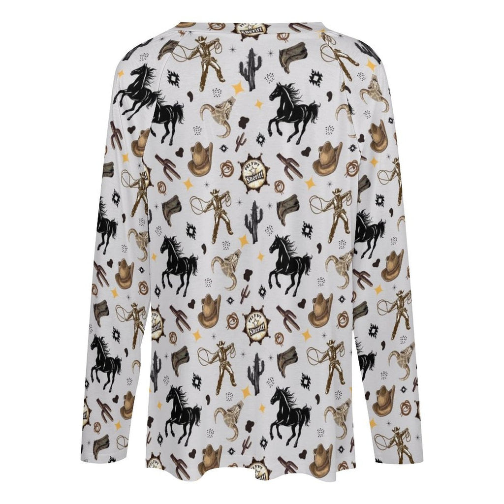 Baha Ranch Western Print Long Sleeve Top Fashion Top