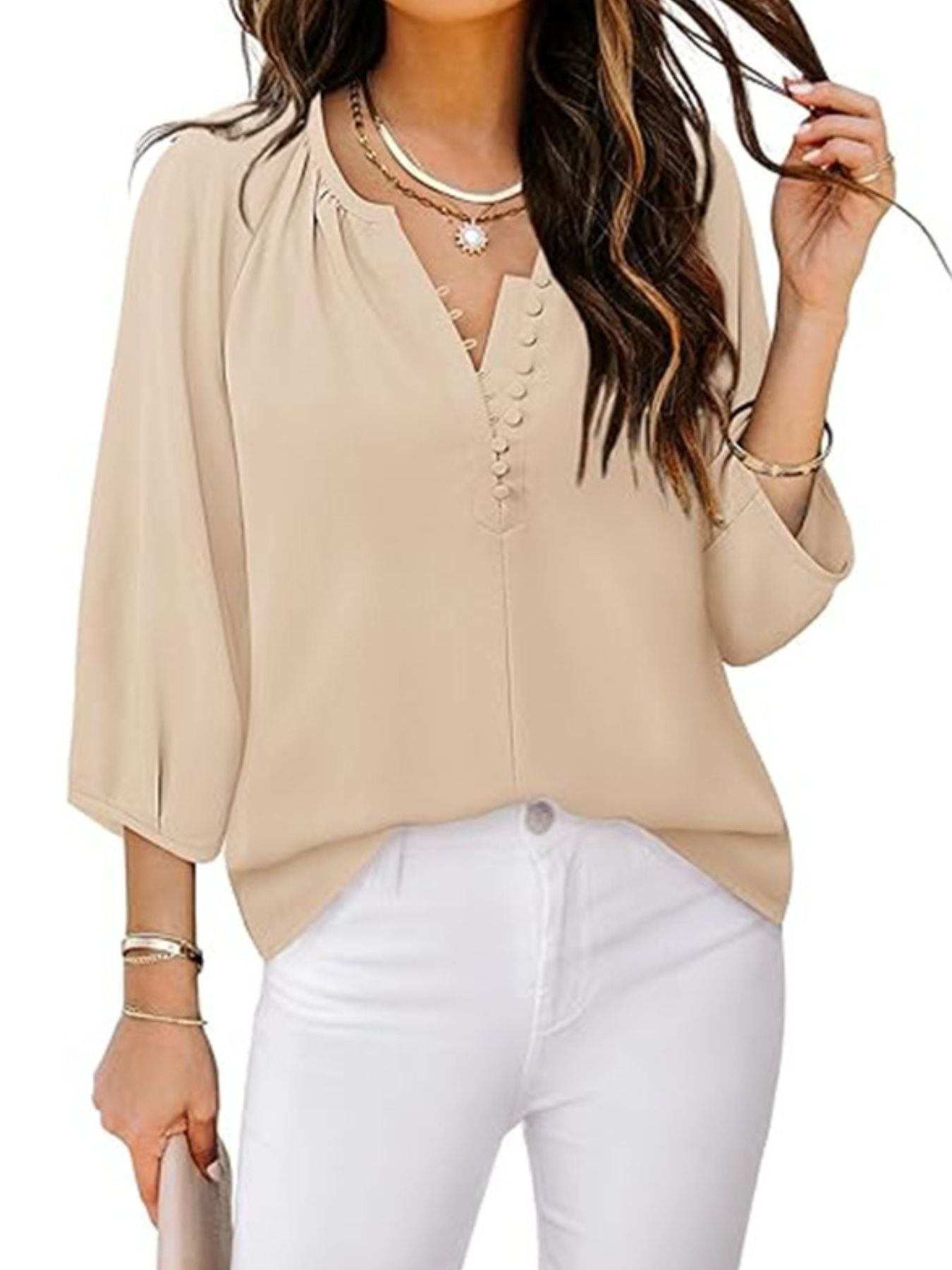 Notched 3/4 Sleeve Blouse