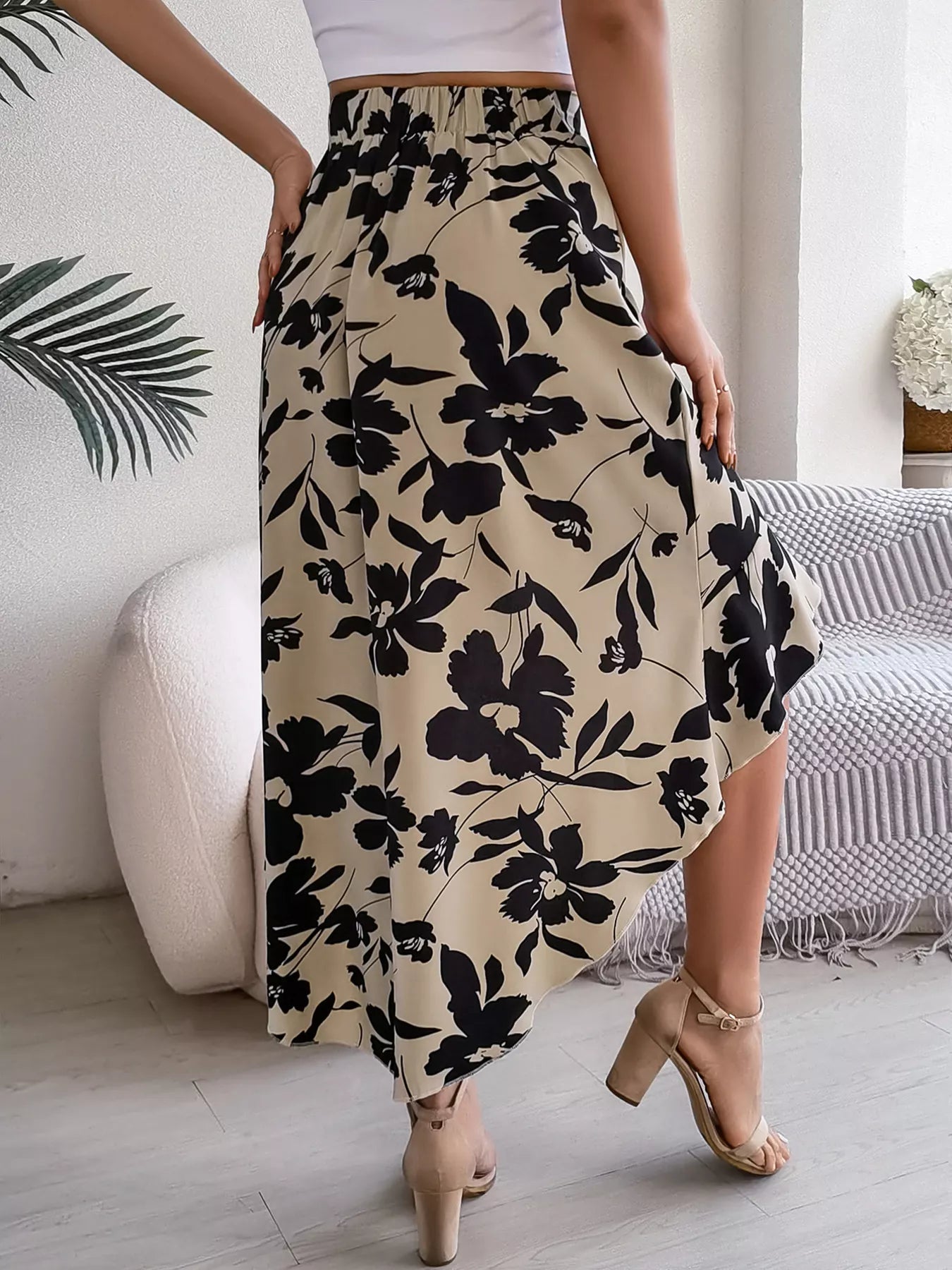 Floral Print Ruffle Hem Asymmetrical Skirt