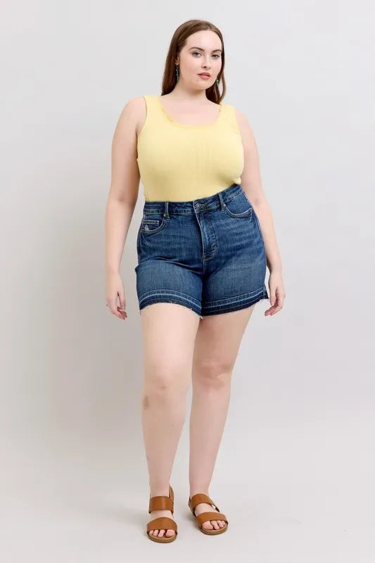 Judy Blue Plus Size HW Tummy Control Destroy Release Hem Denim Shorts