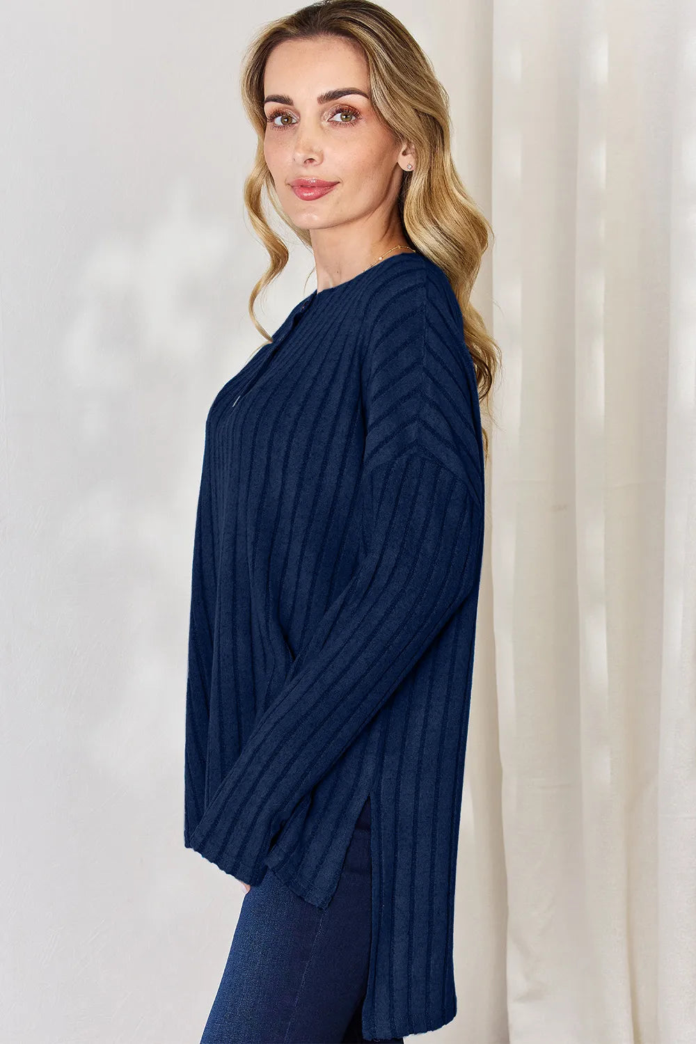 BASIC BAE RIBBED HALF BUTTON LONG SLEEVE HIGH/LOW TSHIRT - AS SEEN ON LIVE!! Long Sleeve Top