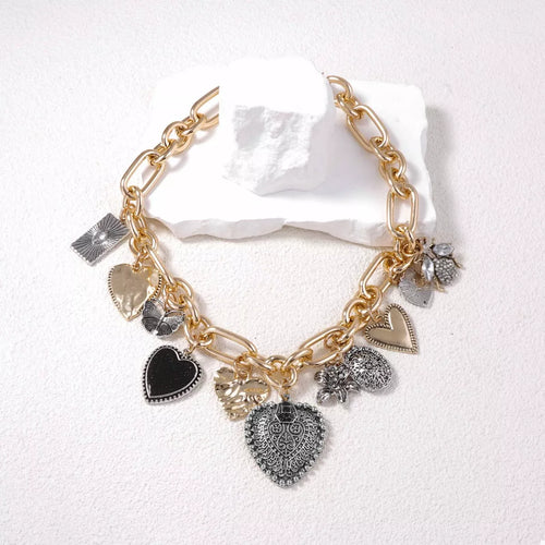18K GOLD-PLATED ALLOY HEART CHARM CHAIN STATEMENT NECKLACE Jewelry