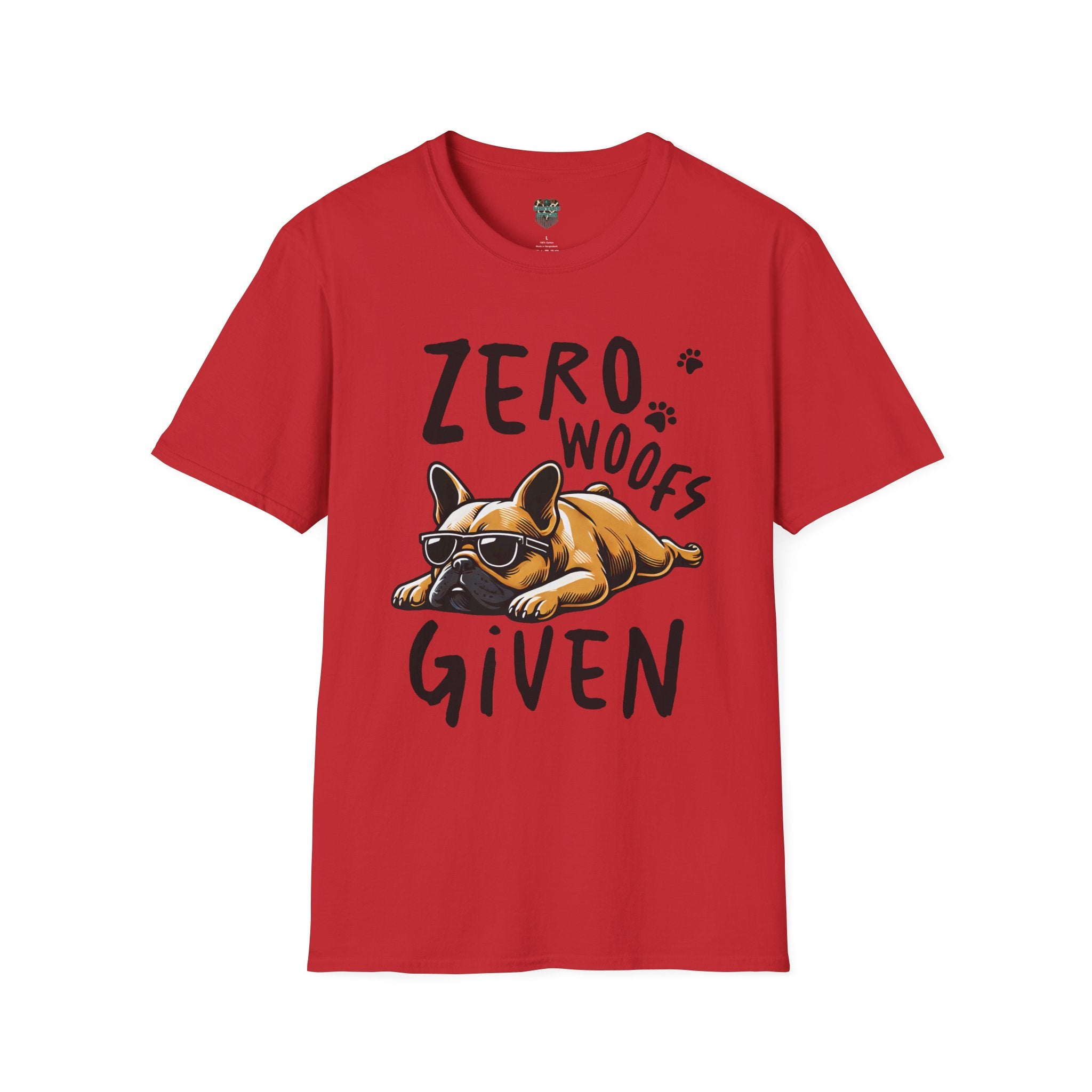 Red t-shirt with a dog graphic and text 'Zero Woofs Given' on a white background