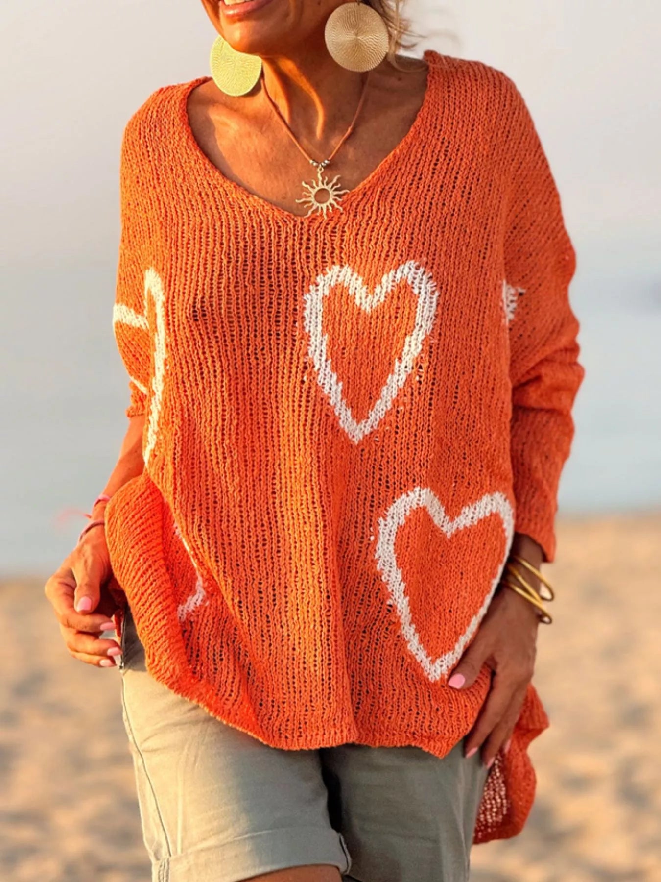 HEART V-NECK DROPPED SHOULDER SWEATER Sweaters