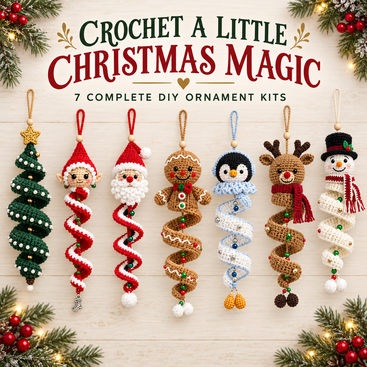 Promotional graphic for a DIY crochet ornament kit showing seven finished Christmas-themed hanging ornaments arranged on a light wood background, with the text 'CROCHET A LITTLE CHRISTMAS MAGIC' and '7 COMPLETE DIY ORNAMENT KITS' above them. The ornaments include a green tree, Santa, gingerbread, penguin, reindeer, and snowman designs.