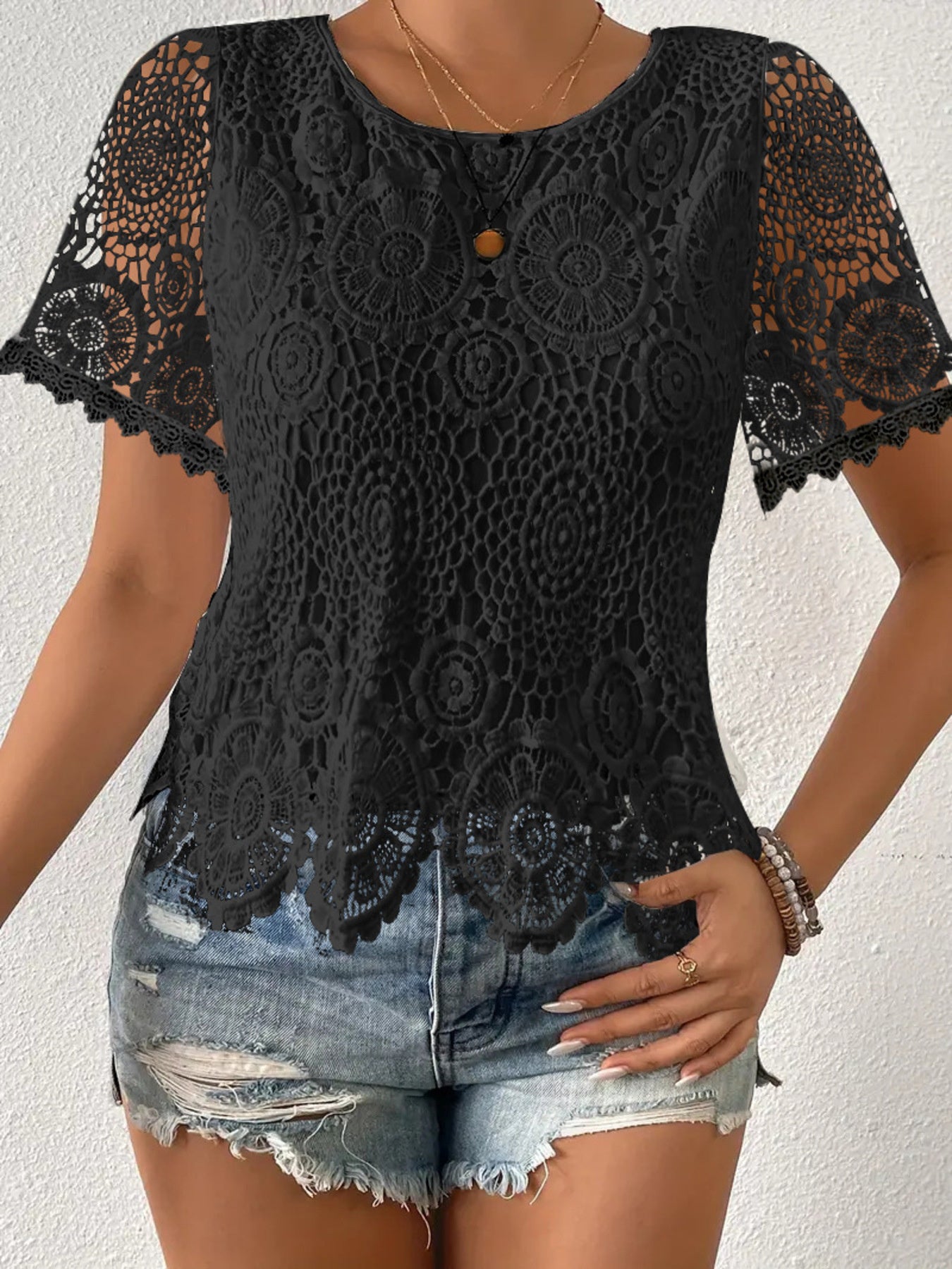 LACE SHORT SLEEVE BLOUSE - SO MANY GOOD COLORS Tops