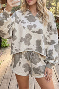 grey cowprint casual outfit featuring long sleeve top and drawstring waist shorts. Perfect for lounging around or running errands.