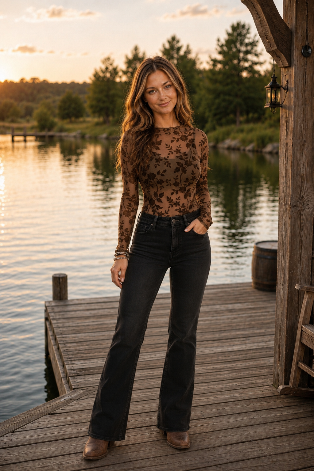 FLORAL MESH LONG SLEEVE ROUND NECK TOP TOP