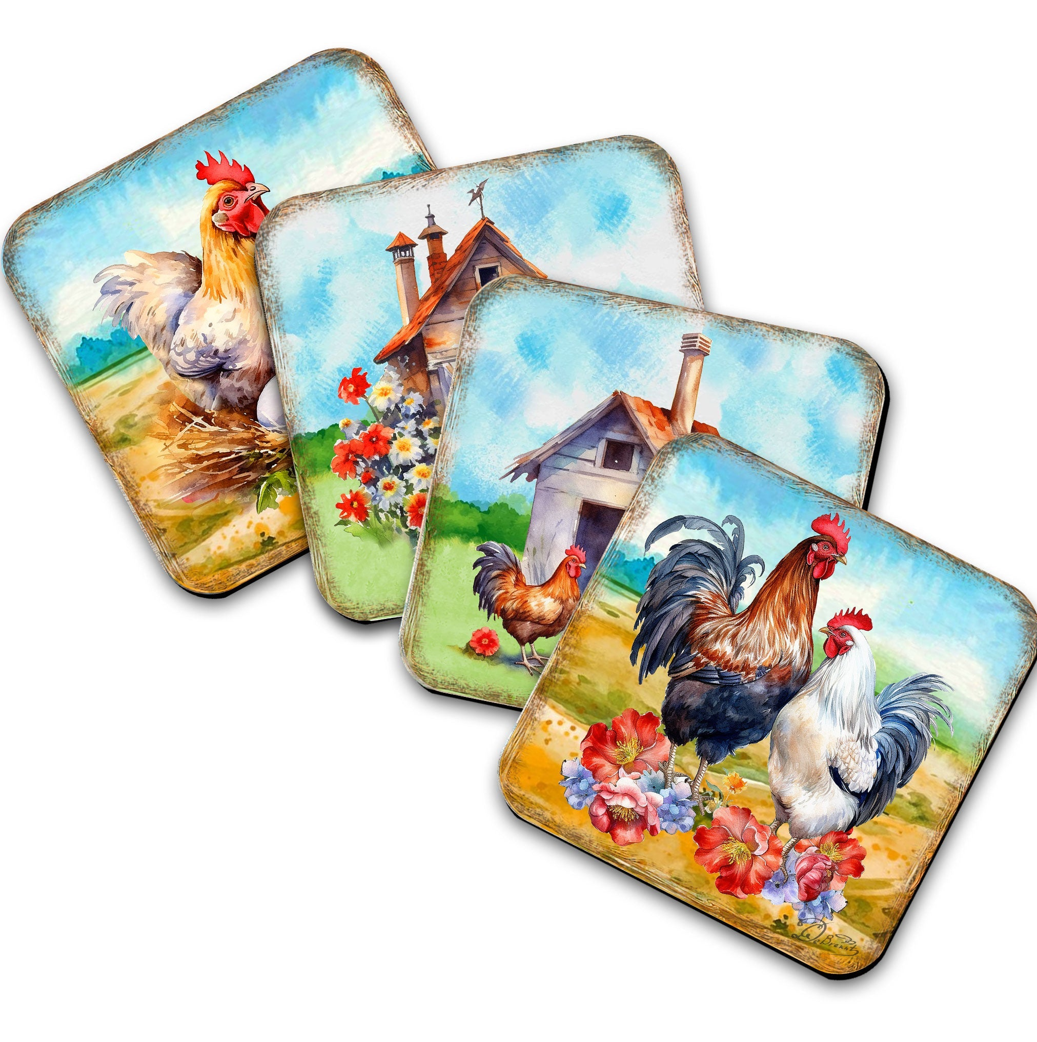 Spring on a Farm Wooden Cork Coasters Gift Set of 4 by G. Debrekht - Easter Spring Decor - 8199436C-S4 Coasters