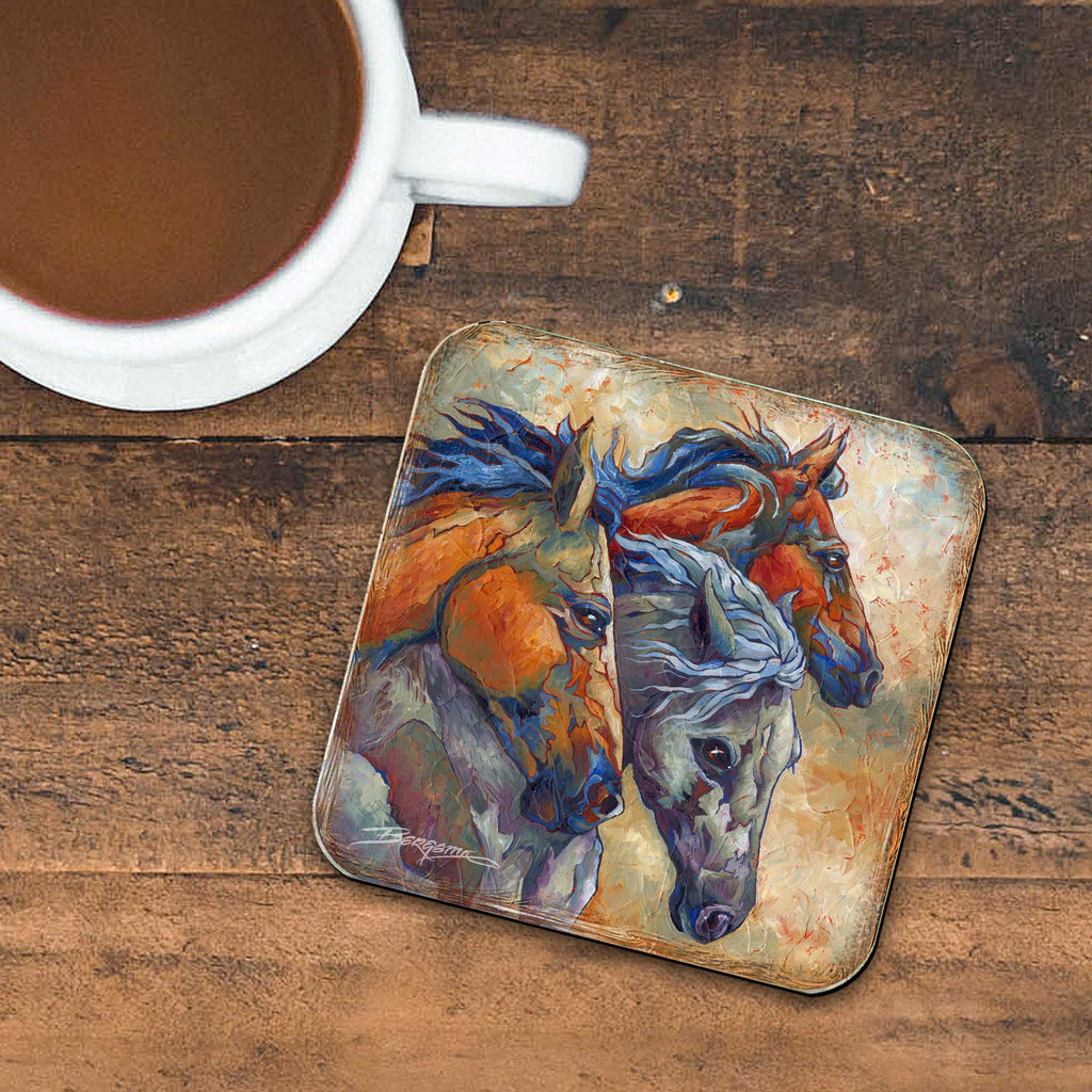 Herd of Horses Wooden Cork Coasters Gift Set of 4 by J. Bergsma - Wildlife Decor - 8199458C-S4 Coasters