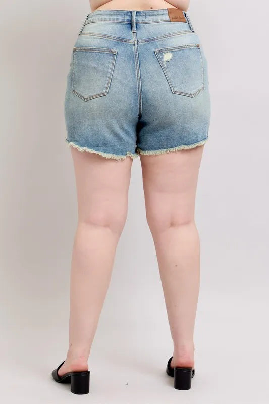 Judy Blue Plus Size High Rise Washed Fly Stitch Detail and Destroy Denim Shorts