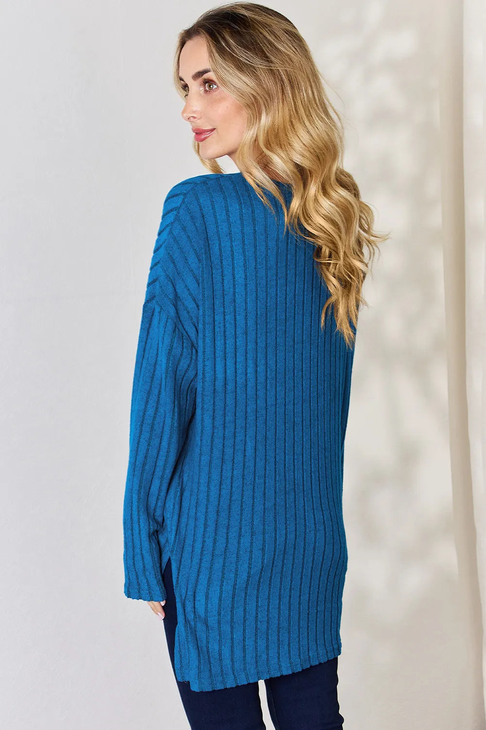BASIC BAE RIBBED HALF BUTTON LONG SLEEVE HIGH/LOW TSHIRT - AS SEEN ON LIVE!! Long Sleeve Top