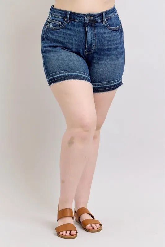 Judy Blue Plus Size HW Tummy Control Destroy Release Hem Denim Shorts