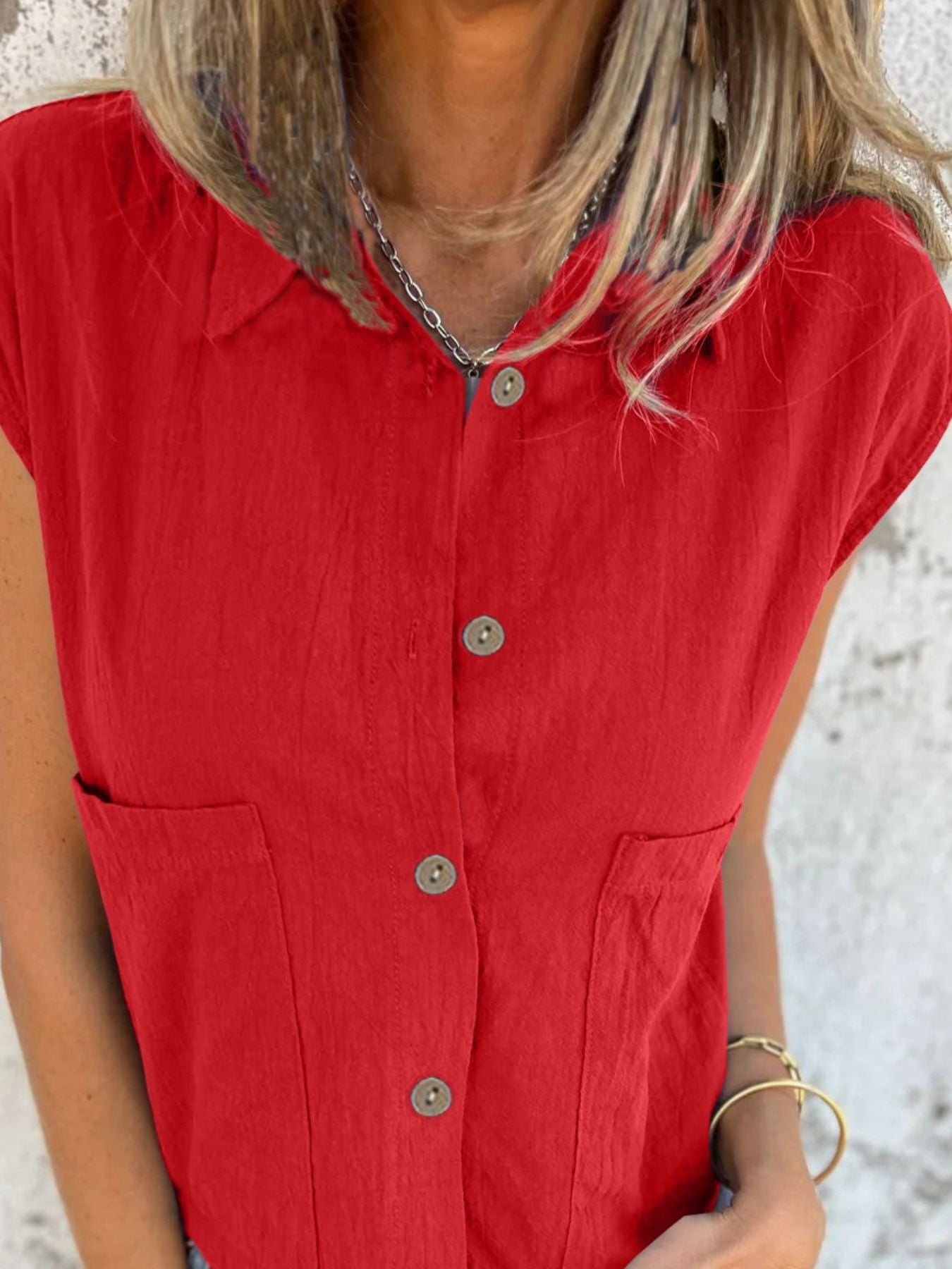 BUTTON DOWN CAP SLEEVE SHIRT Tops