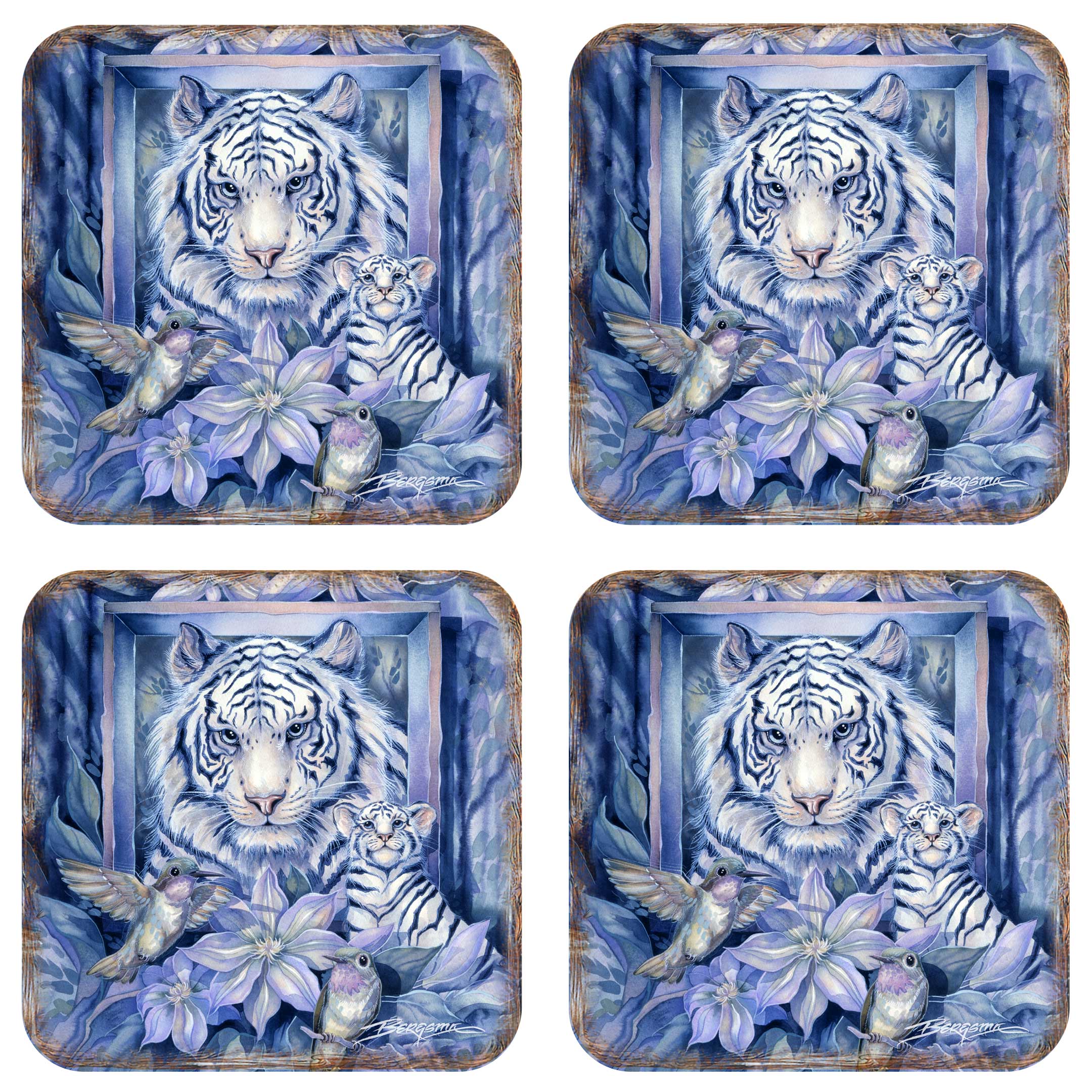 Tiger in the Garden Wooden Cork Coasters Gift Set of 4 by J. Bergsma - Wildlife Decor - 8199461C-S4 Coasters