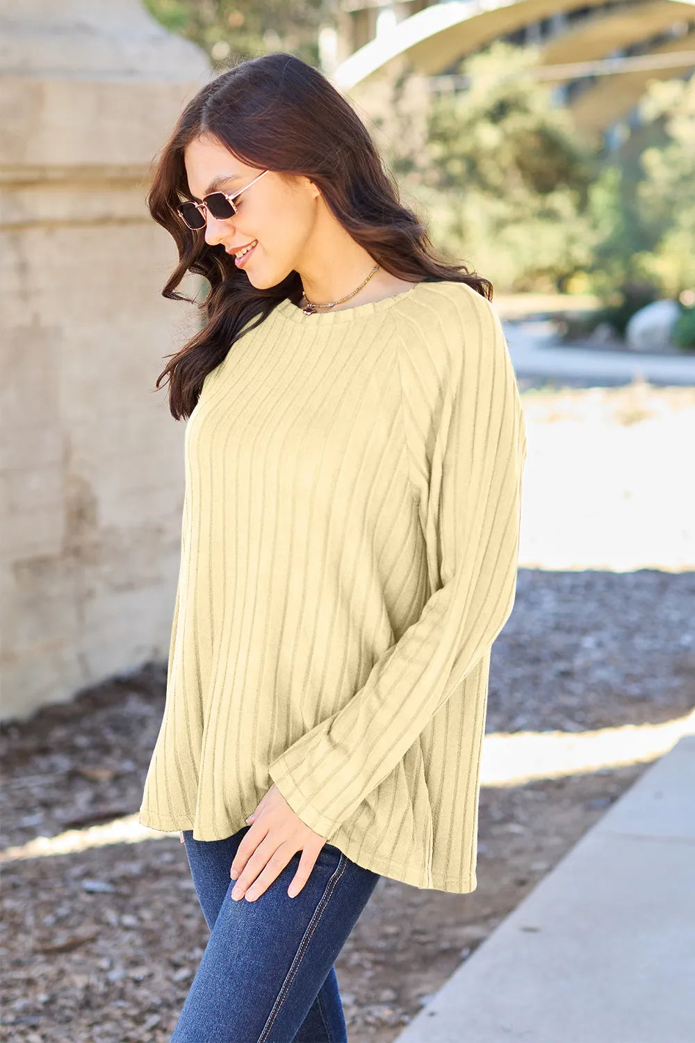 BASIC BAE RIBBED ROUND NECK LONG SLEEVE KNIT TOP Long Sleeve Top
