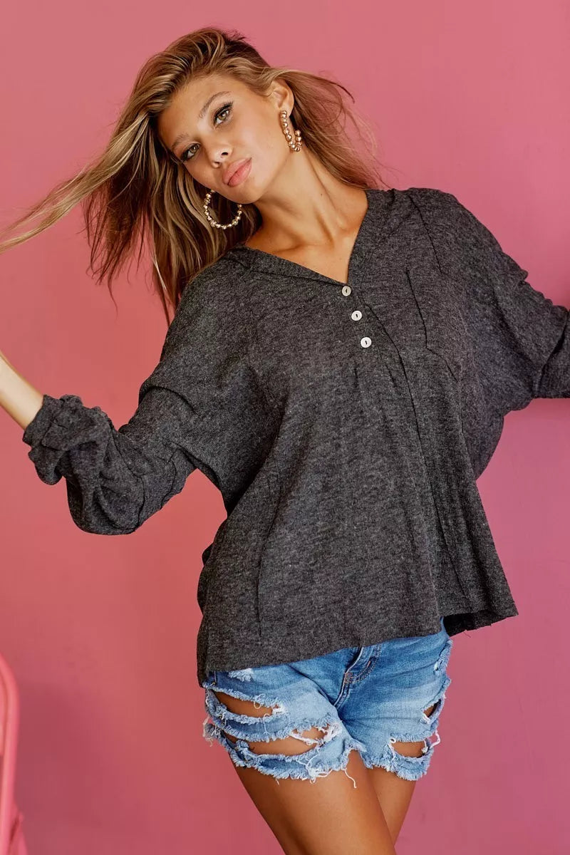 BIBI TEXTURED KNIT HOODIE WITH BUTTONED PLACKET Long Sleeve Top