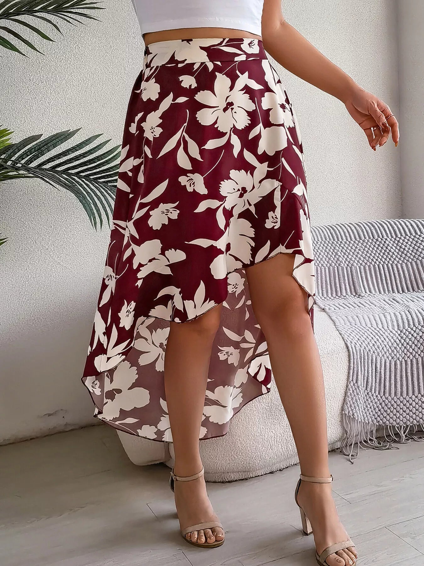 Floral Print Ruffle Hem Asymmetrical Skirt