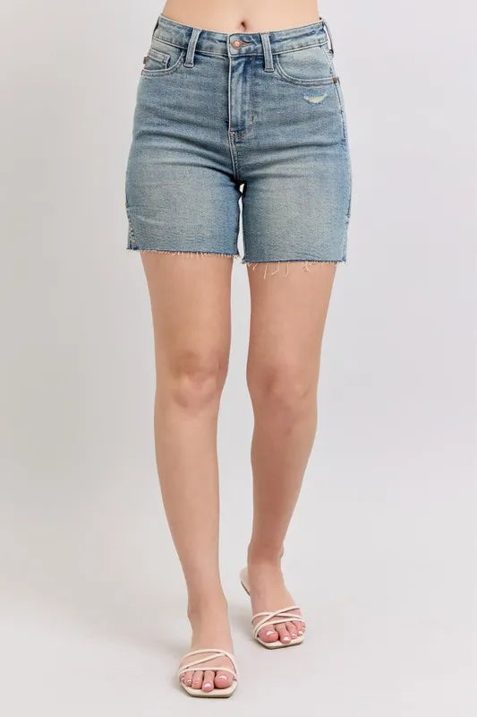 Judy Blue Full Size High Waist Vintage Wash Side Slit Denim Shorts Plus Size