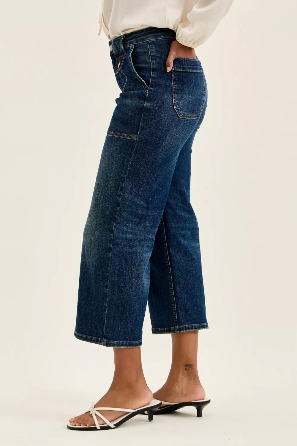 JUDY BLUE HIGH WAIST WIDE ROP UTILITY JEANS WITH PATCH POCKETS Judy Blue Denim