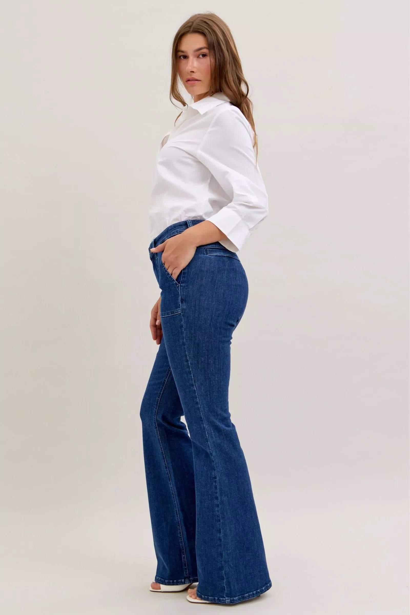Judy Blue High Waist Flare Jeans with Front Patch Pockets Denim