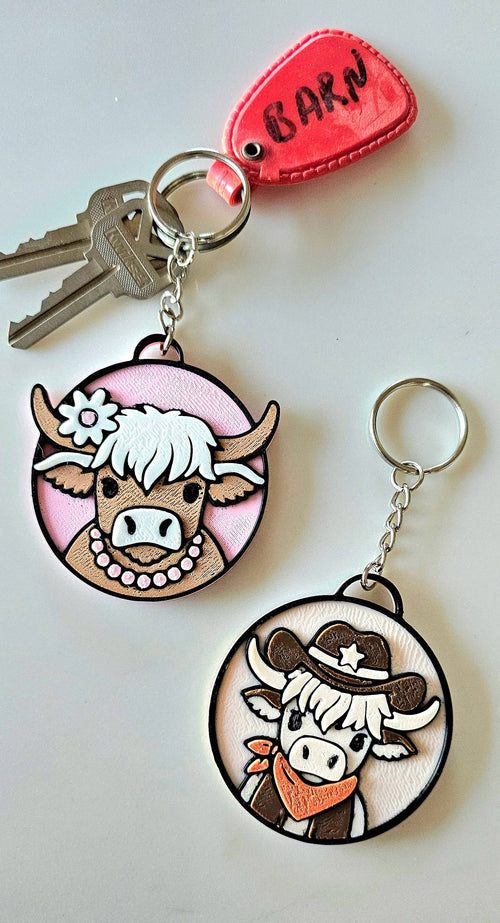 3D PRINTED COWGIRL HIGHLAND COW KEYCHAIN Keychain