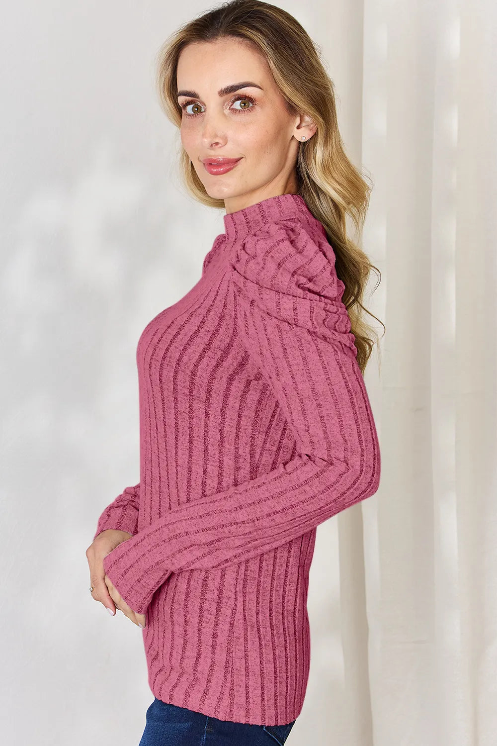 BASIC BAE RIBBED MOCK NECK PUFF SLEEVE T-SHIRT TOP