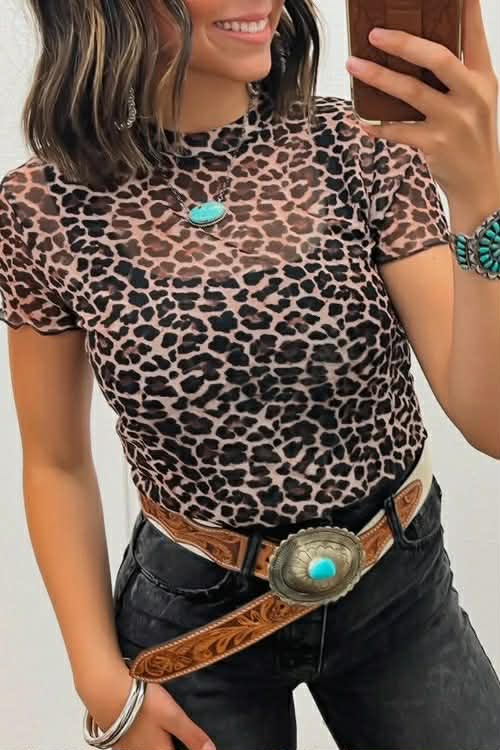 IN THE WILD ANIMAL PRINT MESH SHORT SLEEVE TOP TOP