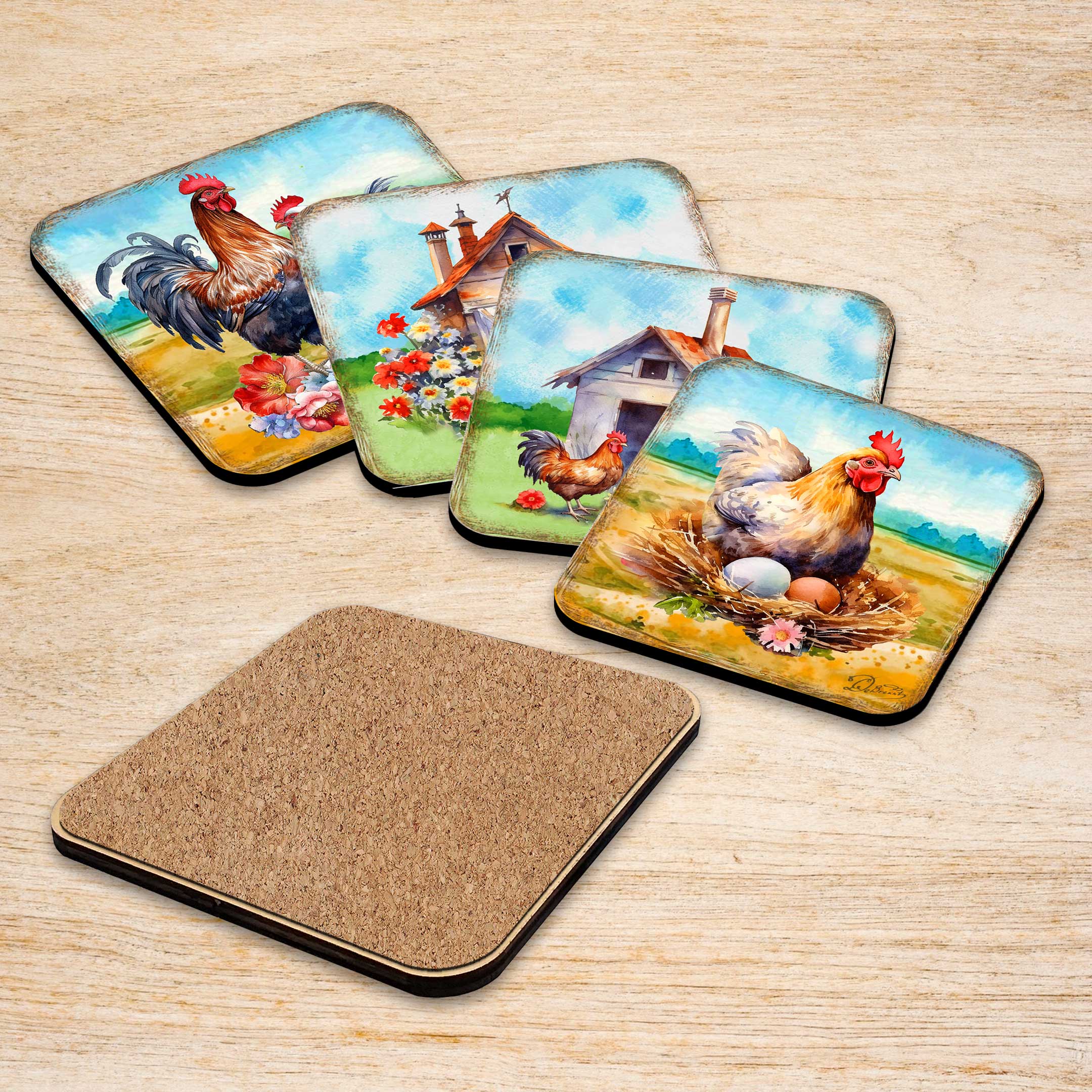 Spring on a Farm Wooden Cork Coasters Gift Set of 4 by G. Debrekht - Easter Spring Decor - 8199436C-S4 Coasters