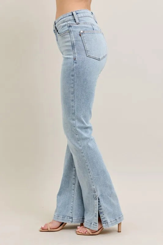 Judy Blue Full Size Tummy Control Vintage Wash Side Slit Slim Boot Jeans Plus Size Judy Blue Denim