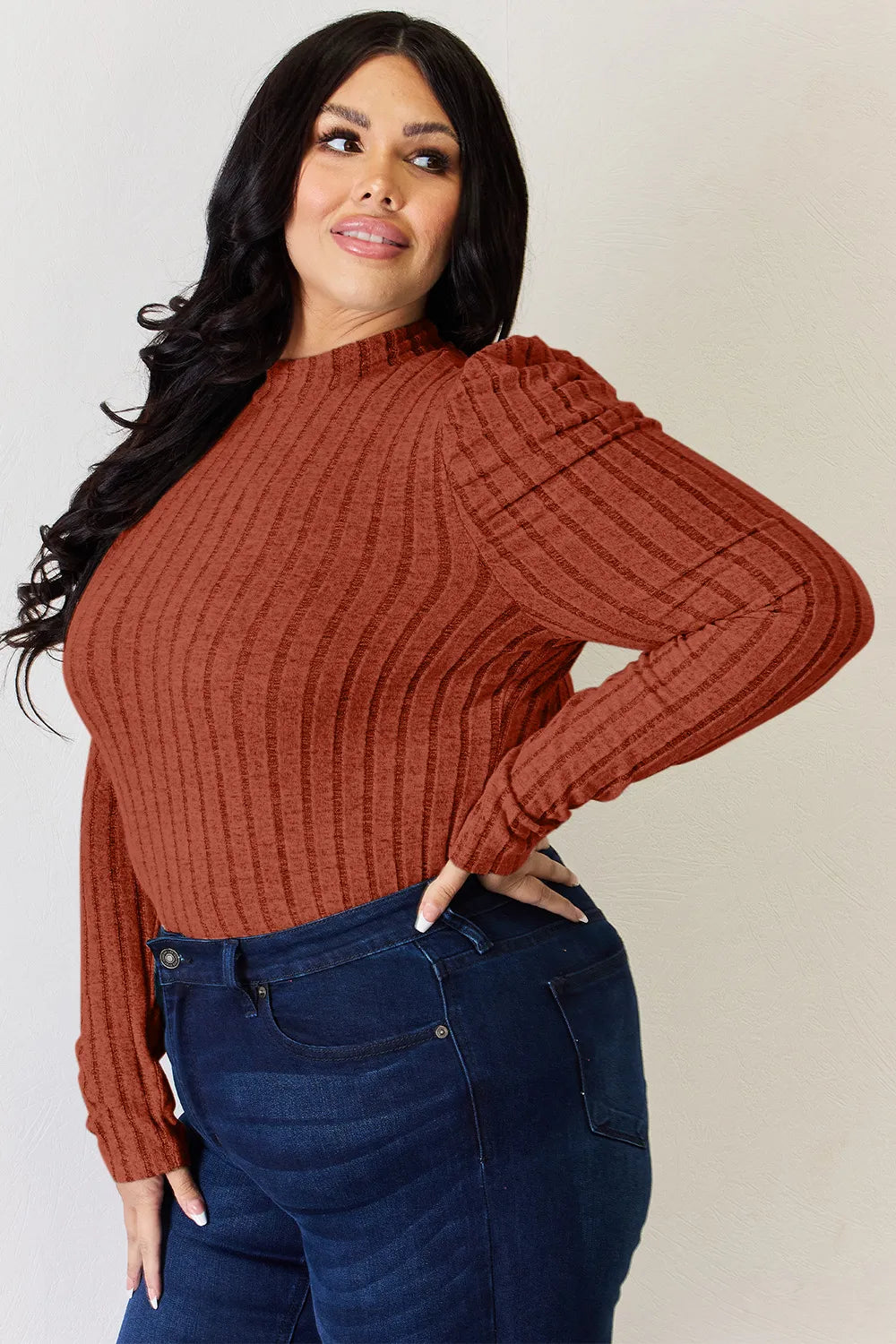 BASIC BAE RIBBED MOCK NECK PUFF SLEEVE T-SHIRT TOP