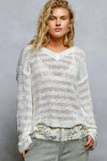 STRIPE PATTERN V-NECK LONG SLEEVE KNIT TOP Tops