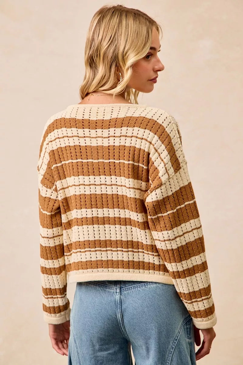 BIBI STRIPED OPEN KNIT SWEATER TOP WITH FRONT BRAIDED DETAIL Long Sleeve Top