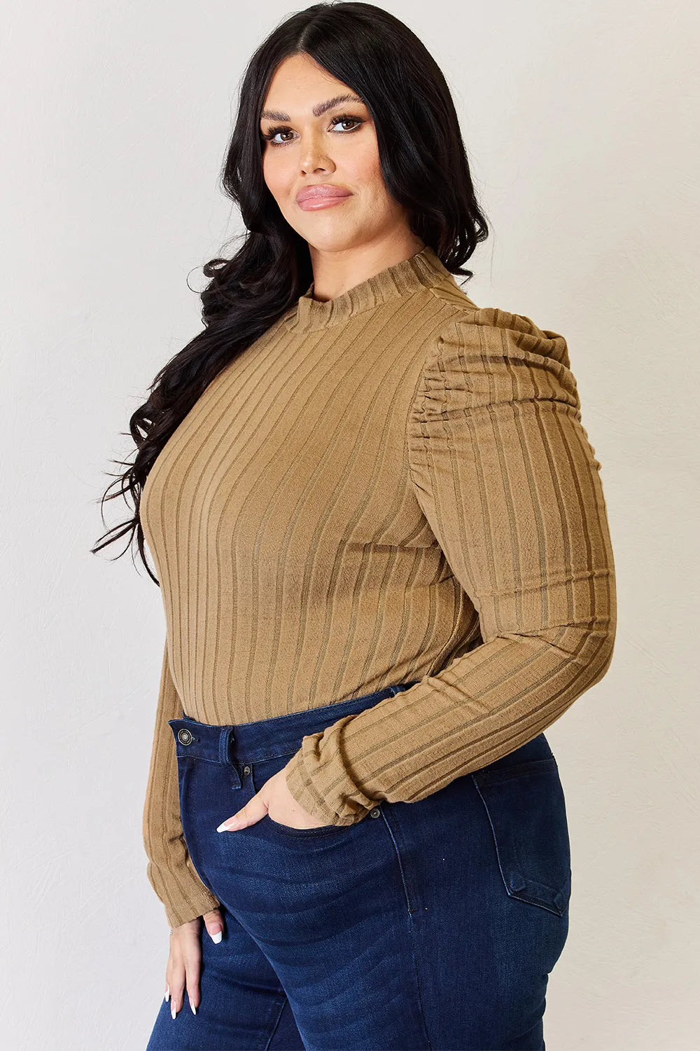 BASIC BAE RIBBED MOCK NECK PUFF SLEEVE T-SHIRT TOP