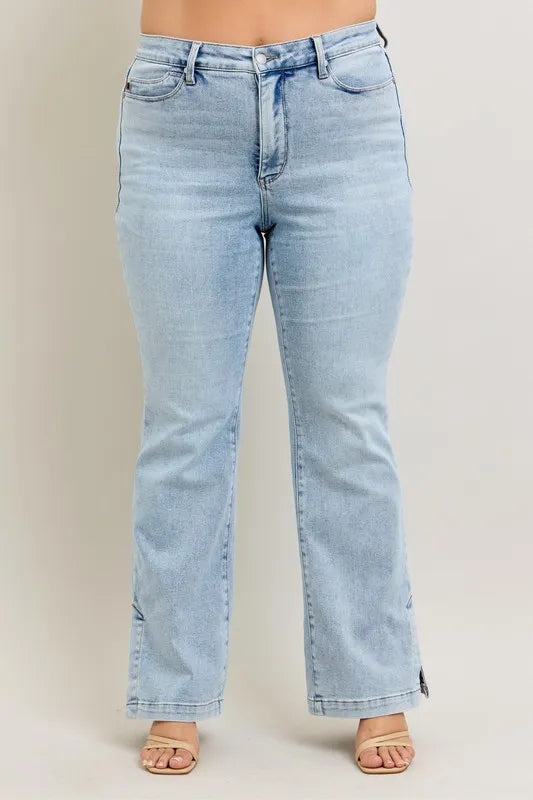 Judy Blue Full Size Tummy Control Vintage Wash Side Slit Slim Boot Jeans Plus Size Judy Blue Denim