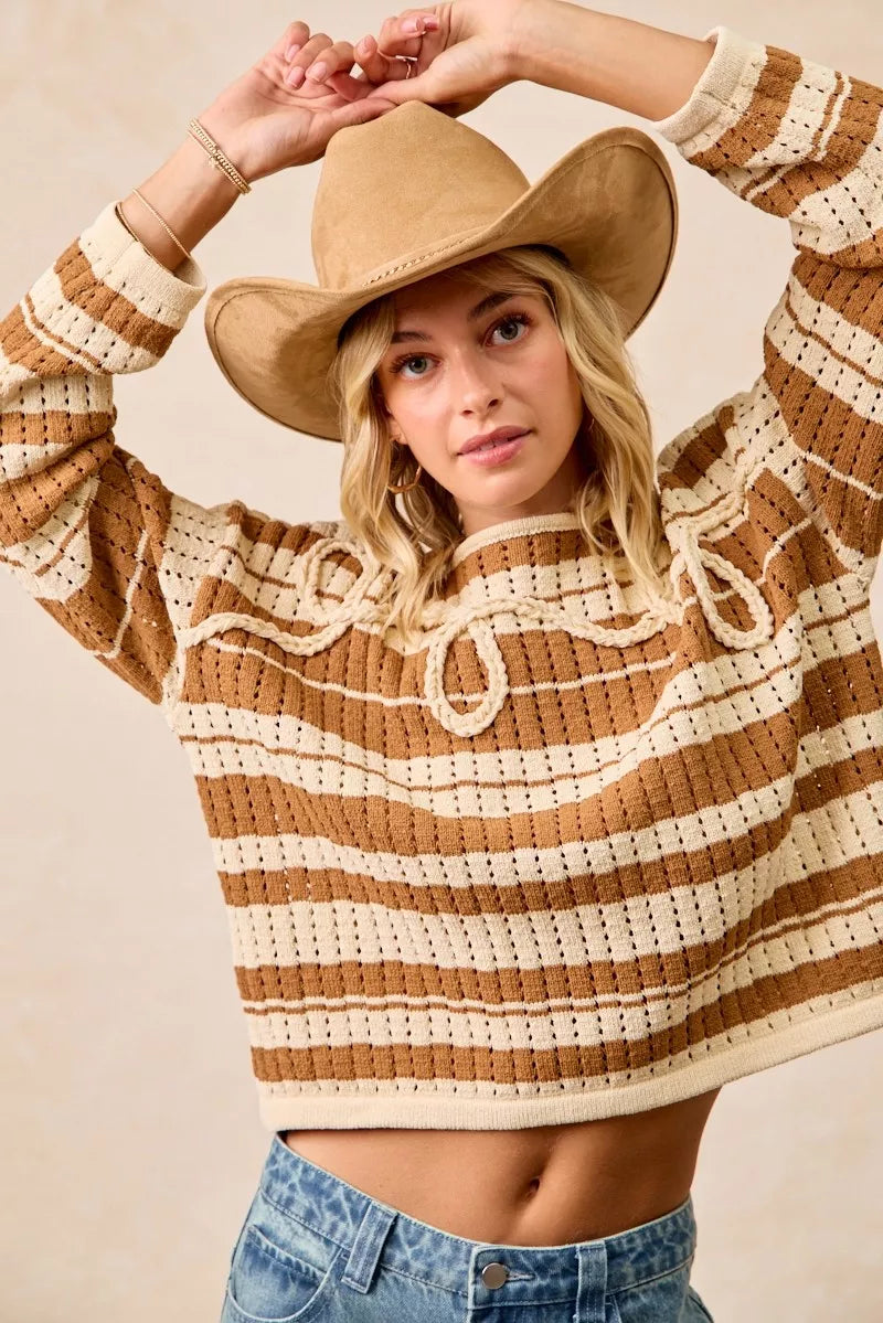 BIBI STRIPED OPEN KNIT SWEATER TOP WITH FRONT BRAIDED DETAIL Long Sleeve Top