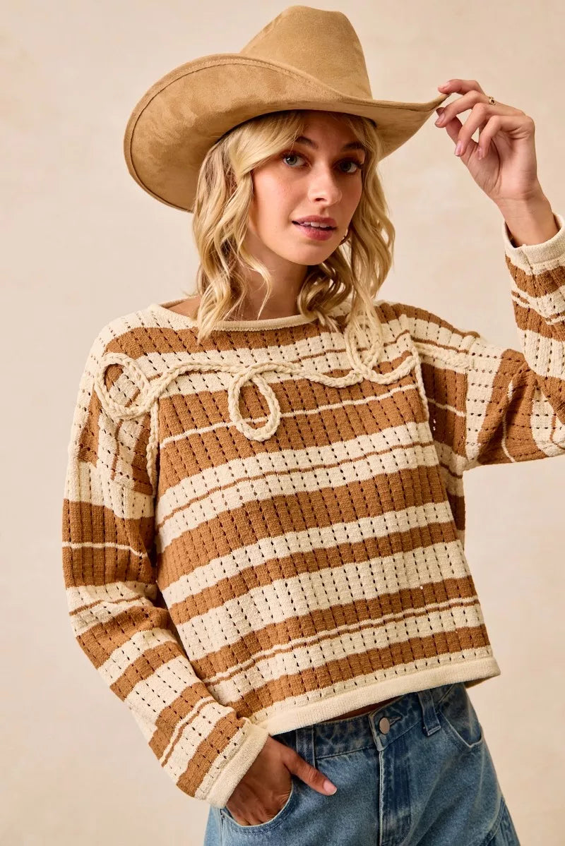 BIBI STRIPED OPEN KNIT SWEATER TOP WITH FRONT BRAIDED DETAIL Long Sleeve Top