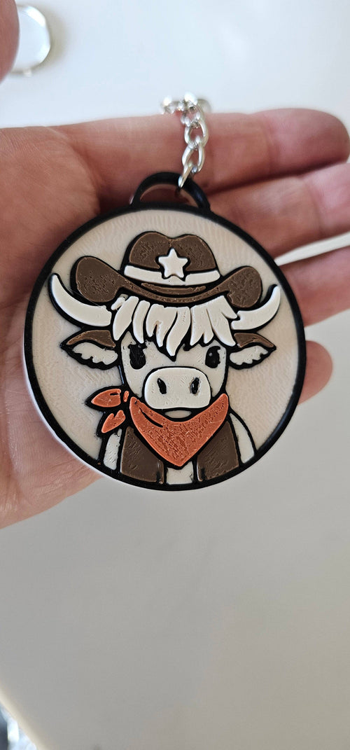 3D PRINTED COWGIRL HIGHLAND COW KEYCHAIN Keychain