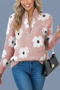 Pink Floral Half Zip Collar Sweater