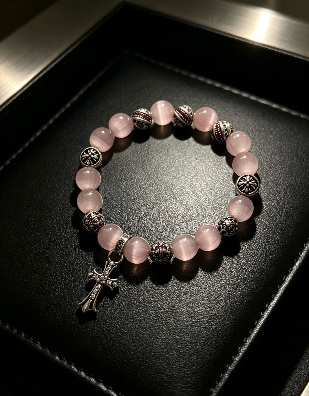 GLASS BEAD AND CROSS CHARM STRETCHY BRACELET