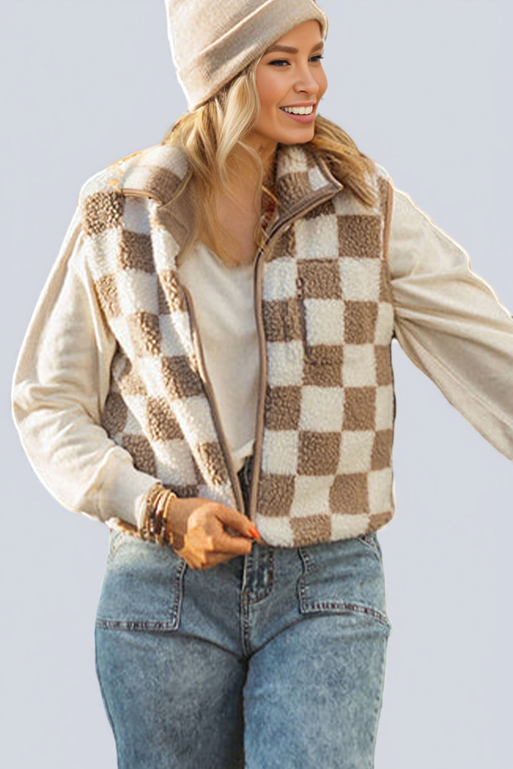 Khaki Checkered Sherpa Vest