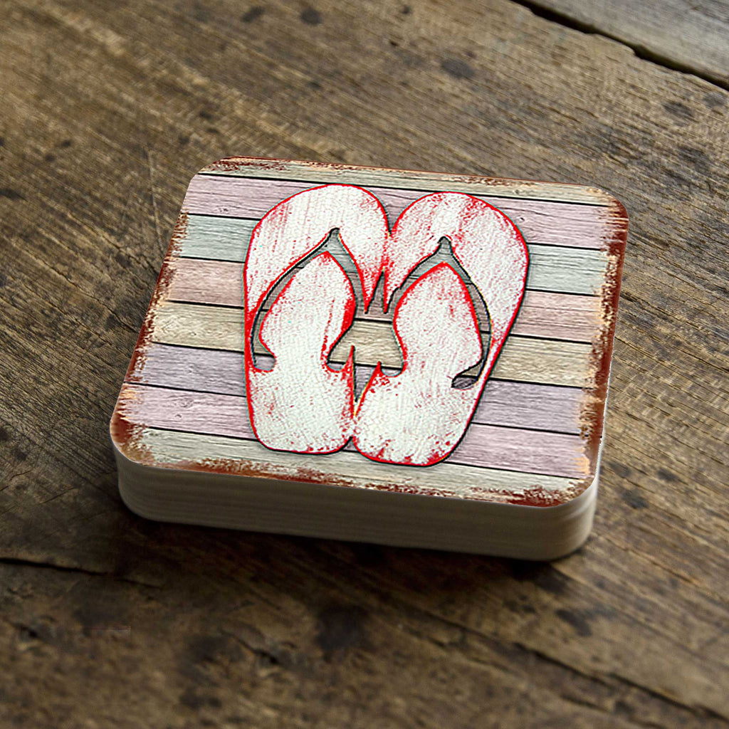 Flip Flops Coastal Wooden Cork Coasters Gift Set of 4 by Nature Wonders - Coastal Sea-Life Decor - 8198523-9C-S4 Coasters