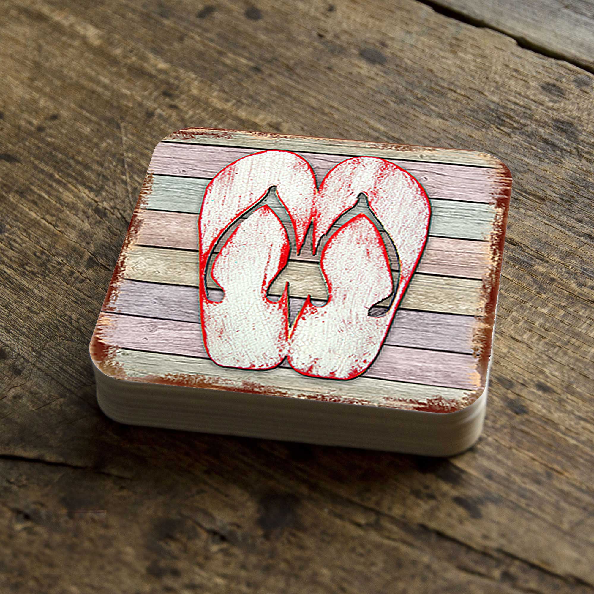 Flip Flops Coastal Wooden Cork Coasters Gift Set of 4 by Nature Wonders - Coastal Sea-Life Decor - 8198523-9C-S4 Coasters