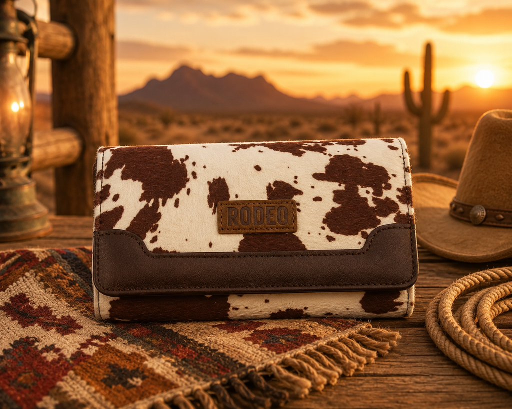 A Rodeo brand wallet with a brown and white cow print pattern, displayed on a rustic wooden table with a western hat, lasso, and patterned rug, set against a warm sunset desert background.