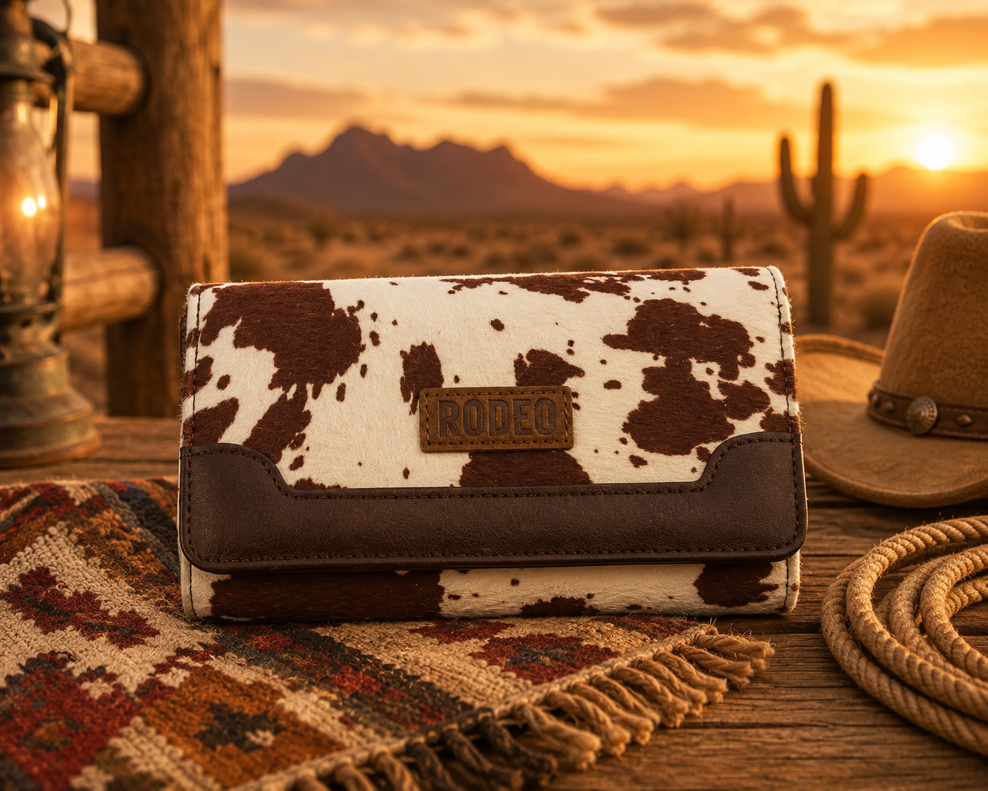 A Rodeo brand wallet with a brown and white cow print pattern, displayed on a rustic wooden table with a western hat, lasso, and patterned rug, set against a warm sunset desert background.