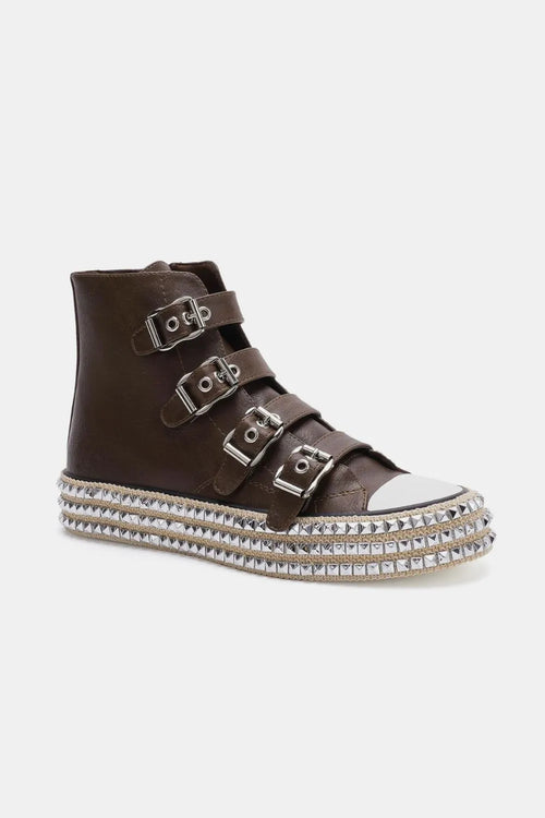Beast Fashion Multi-Buckle Straps Studded Platform Sneakers SHOE
