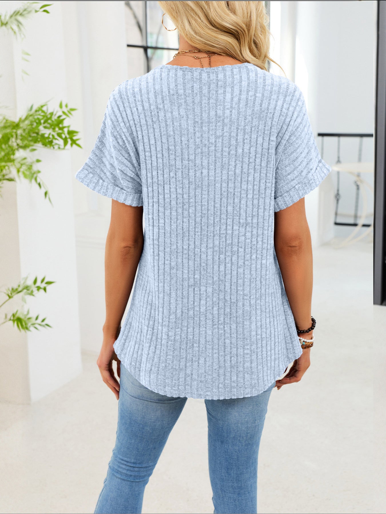 RIBBED KNIT SHORT SLEEVE T-SHIRT TOP