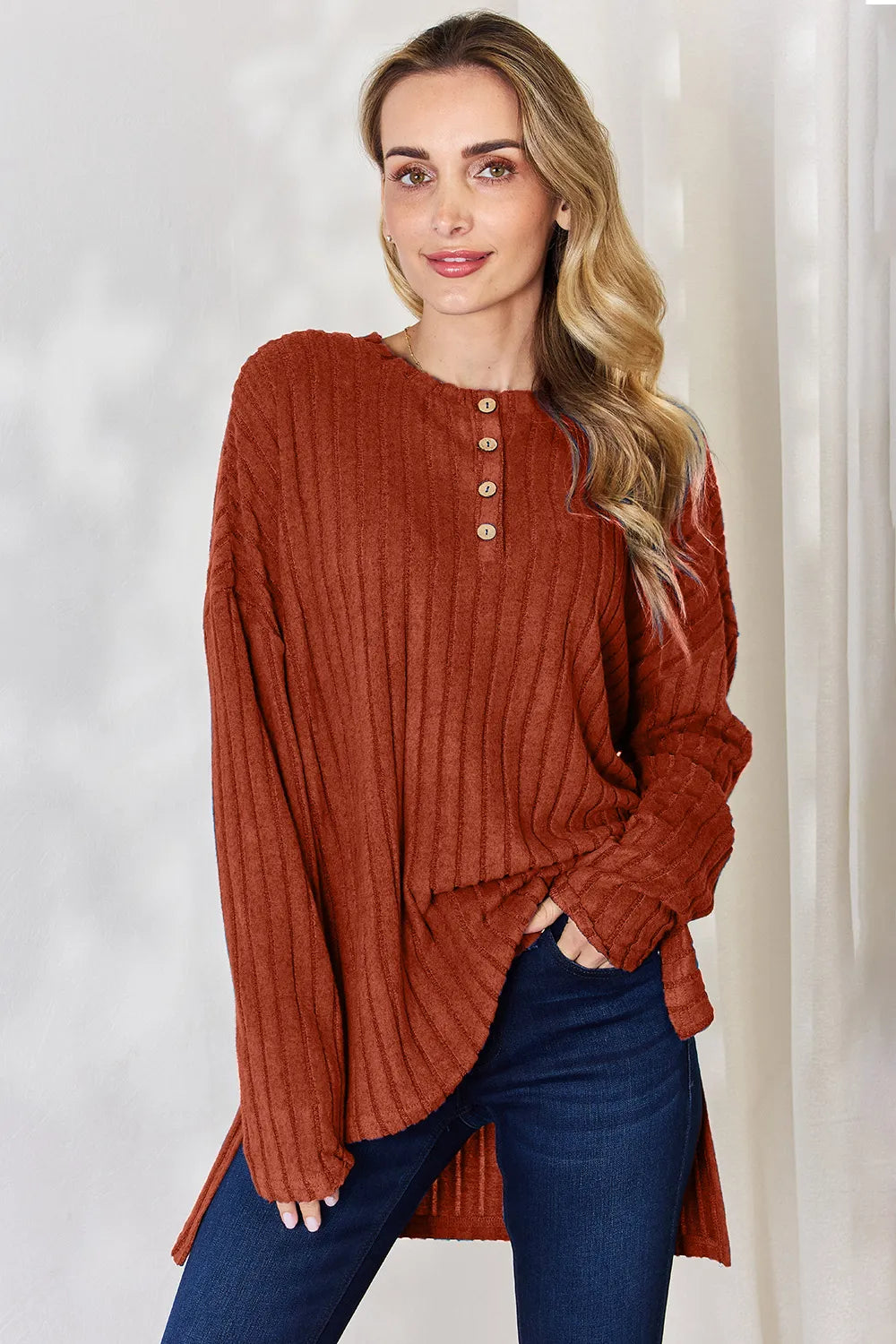 BASIC BAE RIBBED HALF BUTTON LONG SLEEVE HIGH/LOW TSHIRT - AS SEEN ON LIVE!! Long Sleeve Top