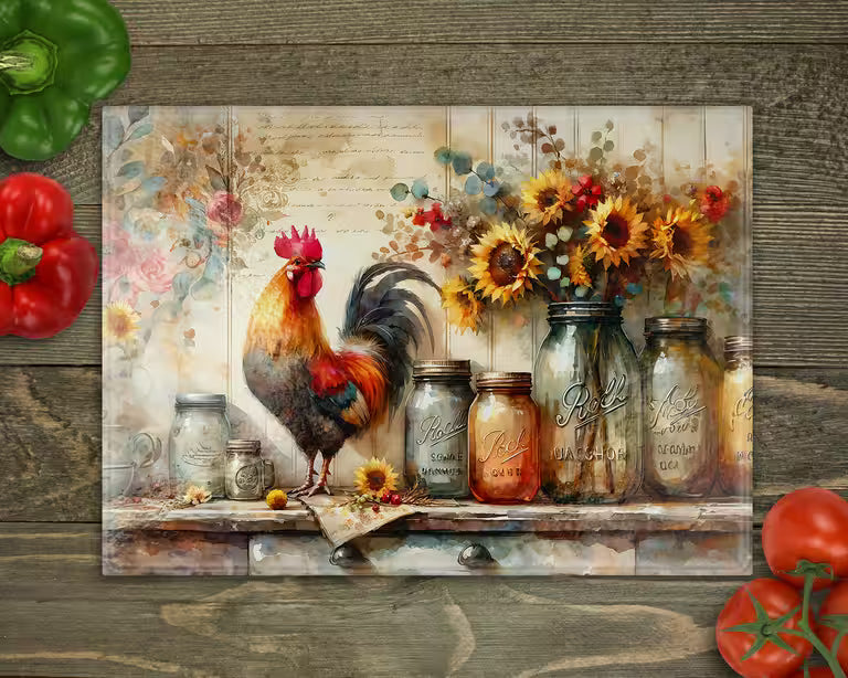 Rooster Mason Jars Glass Cutting Board cutting board