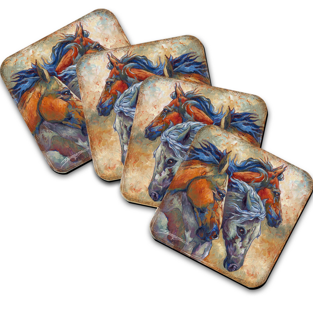 Herd of Horses Wooden Cork Coasters Gift Set of 4 by J. Bergsma - Wildlife Decor - 8199458C-S4 Coasters